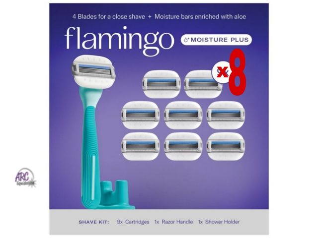 Lot 56-793540 - New Flamingo by Harry's Moisture Plus Razor Set 8 Cartridges + 1 Handle