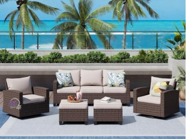 Lot 56-791265 - New in box. Retail $913. Brown Rattan Wicker 7 Seat 5-Piece Steel Outdoor Patio Conversation Set wit...