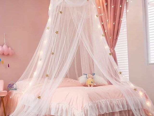 Lot 56-748198 - New Bed Canopy with Lights,Gold Star ,Extra Large Dome Mosquito Net