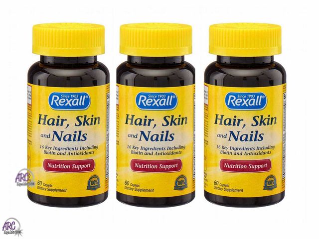Lot 56-364498 - New in Package - Lot of 3 - Rexall Hair, Skin and Nails Nutrition Support - 60 caplets per bottle Ex...