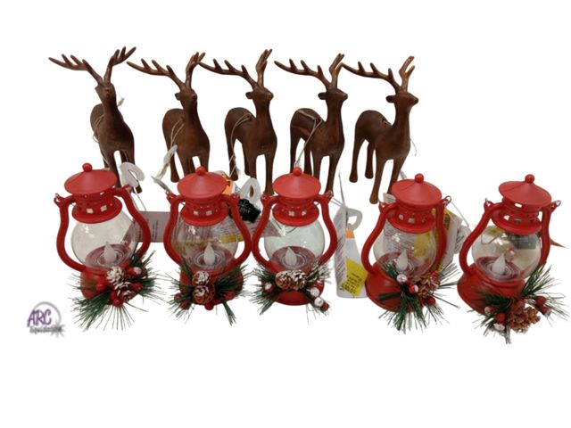 Lot 56-746630 - New lot of 10 Christmas ornaments. Reindeer 6" tall and lanterns are 4.5" tall. Lanterns light up an...