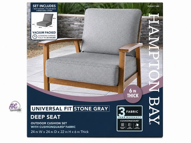 Lot 56-331060 - New vacuum sealed Hampton Bay cushion set 1 Seat cushion, 1 Pillow back, 2 Removable covers 24”W X 2...