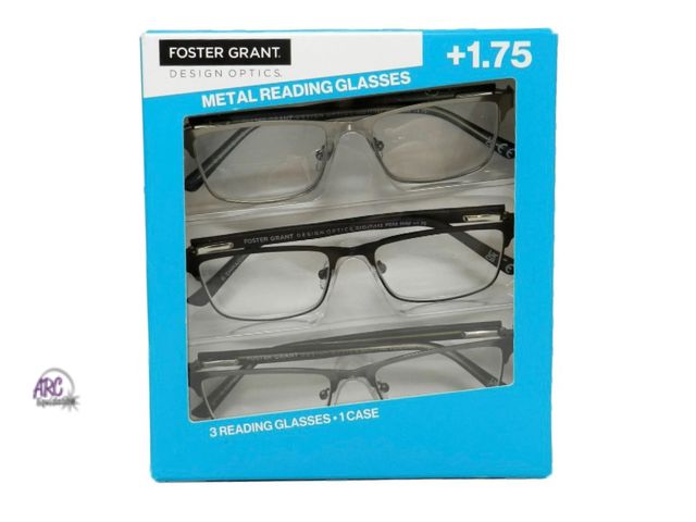 Lot 56-123260 - New Design Optics Foster Grant Kyne Full Metal Square Reading Glasses 3 Pack +1.75