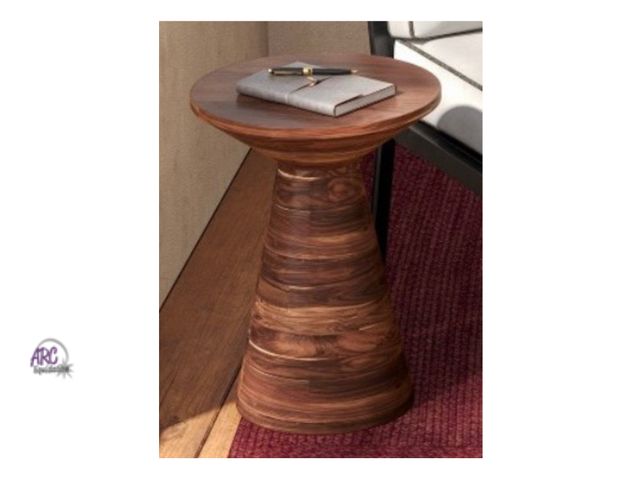 Lot 56-149250 - Newly Repaired Acacia Wood Round Modern Sculptural Patio End Table Brown (19.75x15x15”)