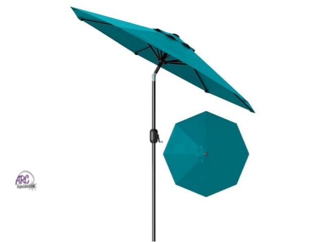 Lot 56-771221 - New 9 ft. Metal Pole Round Market Tilt Patio Umbrella with UV-Resistant Fabric in Turquoise Blue