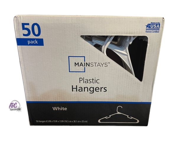 Lot 56-358024 - New 50 pack mainstay plastic white hangers