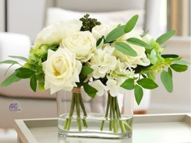 Lot 56-515965 - NEW-SLIGHT BOX DAMAGE, SEE PICTURE-Nearly Natural 10" white real touch mixed rose hydrangea arrangem...