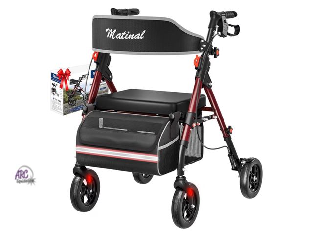 Lot 56-658840 - New - Walkers for Seniors with seat, 350 lb Capacity,with 8'' Big Wheels, Rolling Walker (Burgundy)