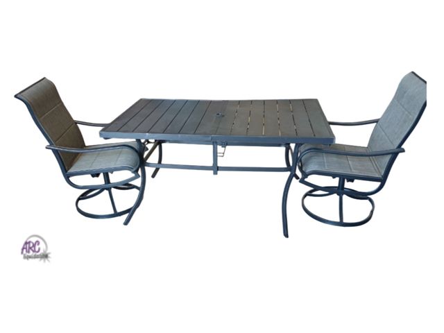 Lot 56-789313 - New / possible use. 3 PC patio table and 2 swivel rockers. Table and chairs have slight scuff marks ...