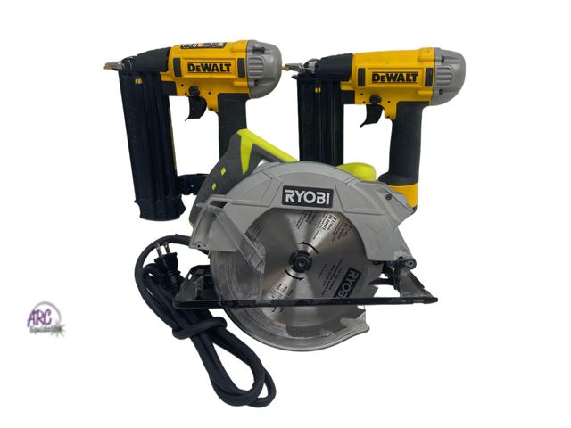 Lot 56-208515 - FOR PARTS AND REPAIR (2 - DEWALT 18-Gauge Pneumatic Brad Nailers and 1 - RYOBI
14 Amp 7-1/4 in. Circ...