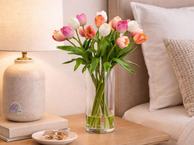 Lot 56-469351 - NEW IN BOX Nearly Natural 20.5” Real Touch Tulip Arrangement Housed In Tall Glass Vase With Faux Wat...