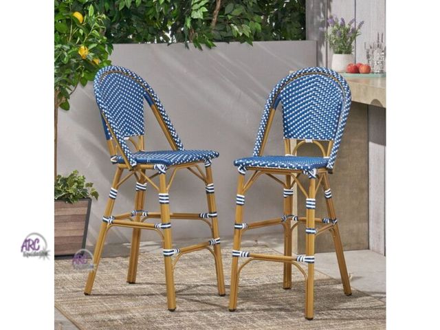 Lot 56-752598 - New in box. 2 chairs. 29.5" Outdoor PE Rattan French Barstool, Dark Teal and White, Aluminum Frame w...