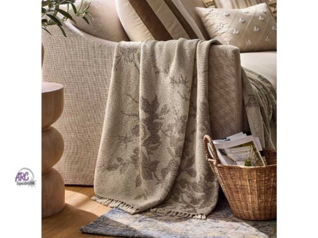 Lot 56-112659 - New Threshold Beige Woven Floral and Leaves Pattern Accent Throw Blanket with Fringe (60x50”)
