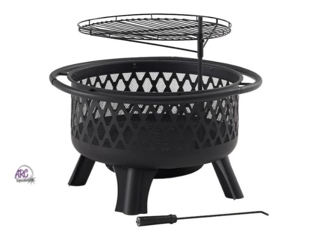 Lot 56-784164 - New in box. Hampton Bay Piedmont 29.6 in. W Black Steel Wood Outdoor Fire Pit with Screen and Poker ...