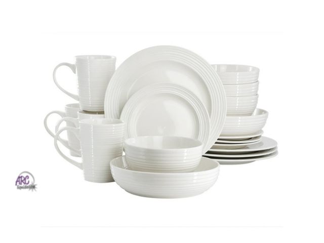 Lot 56-728517 - New in box. Elama Nikki 18 Piece Ribbed White Porcelain Dinnerware and Serving Bowl Set, Service for...
