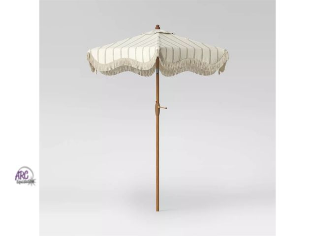 Lot 56-469611 - NEW- SOME DIRT ON FABRIC-Round Striped Scalloped Fringe Edge Outdoor Patio Market Umbrella Cream - T...