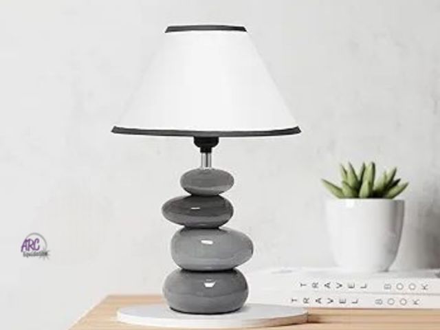 Lot 56-586198 - NEW-Simple Designs LT1141-GRY Gradient Gray Stacked Ceramic Stone Table Lamp White Empire Shade for ...