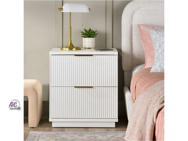 Lot 56-799614 - New in box Better Homes &amp; Gardens Lillian Fluted 2-Drawer Nightstand with USB, White Finish
