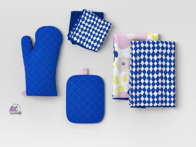 Lot 56-369727 - New 6pc Kitchen Textile Set Blue/Purple - Includes: 2 Dish Cloths, 2 Kitchen Towels, Pot Holder, Ove...