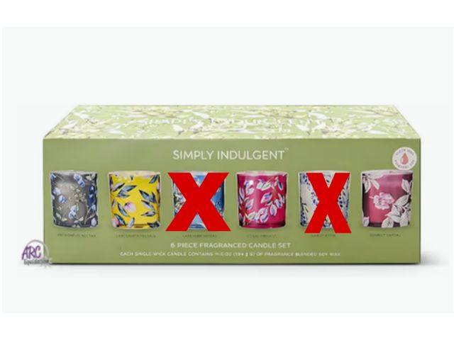 Lot 56-509765 - MISSING 2 CANDLES-DAMAGED BOX-Simply Indulgent 4 piece fragrances candle set-7 ounce candles