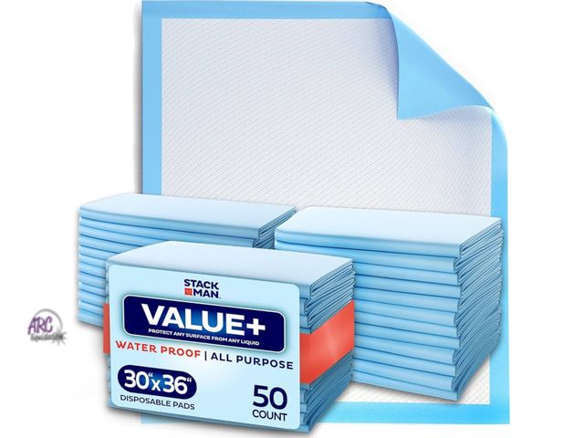 Lot 56-500899 - NEW CASE OF 100 Pads  STACKMAN WATERPROOF PADS- 36"x 36". 25 pads per bundle (100 pads total)