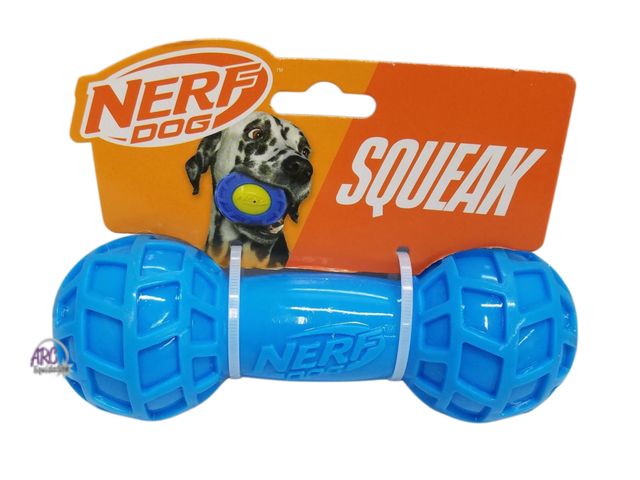 Lot 56-494564 - New - 7-in - Nerf Dog TPR EXO Squeaky Barbel Chew Dog Toy, Light Blue/Green