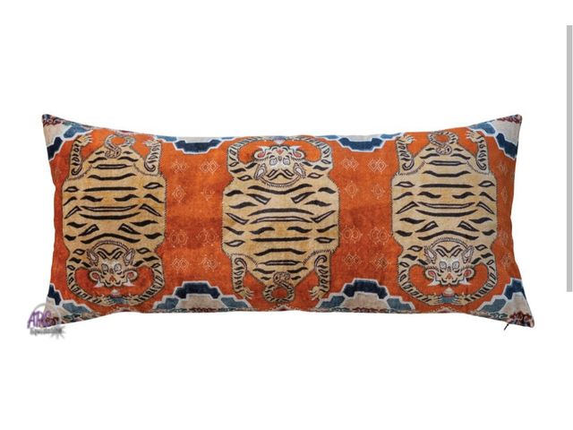 Lot 56-597023 - NEW-2 in. Creative co-op 32"x14" cotton blend velvet lumbar pillow with tiger pattern