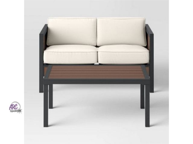Lot 56-789213 - Used. Bryant 2pc Faux Wood Patio Loveseat &amp; Coffee Table - Gray/Natural - Threshold: some surfac...