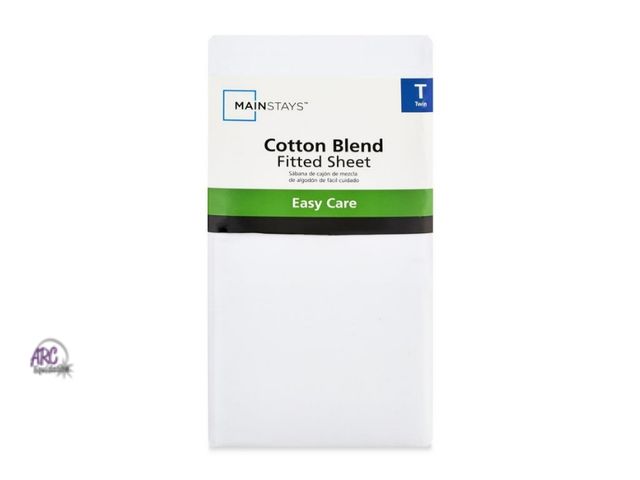 Lot 56-588733 - NEW-Mainstays 300 Thread Count Easy Care White Cotton Blend Percale Fitted Bed Sheet, Twin