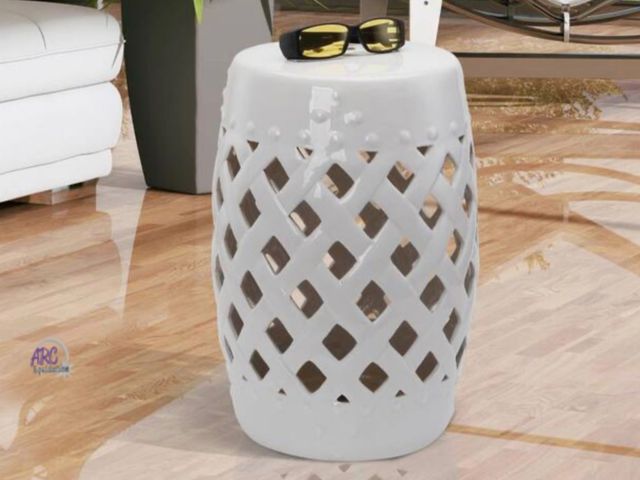 Lot 56-615261 - New Opened Box - Outsunny White Ceramic Stone Outdoor Side Table with Knotted Ring Design and Glazed...
