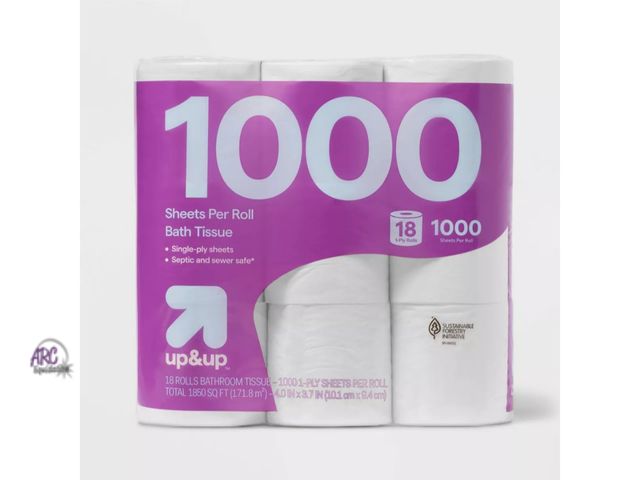 Lot 56-486913 - NEW-TORN PACKAGE- 18 ROLL-1000ct PER ROLL Septic Safe 1-Ply Toilet Paper - up&amp;up™
