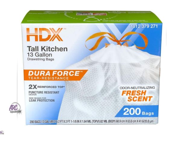 Lot 56-498565 - Open Damaged Box - HDX -  (200 Count) 13 Gallon Reinforced Top Drawstring Fresh Scented Tall Kitchen...