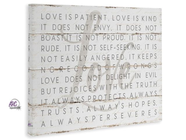 Lot 56-876018 - New - Love Is Patient Grey on White Planked Look, Designed By Jennifer Pugh, 30 x 24, Canvas Wall Ar...
