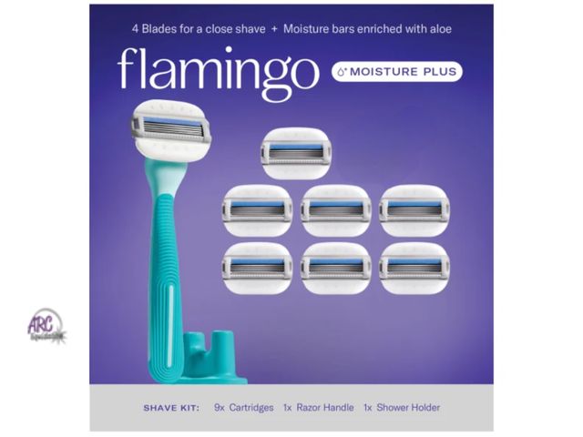 Lot 56-298814 - NEW OPEN BOX Flamingo by Harry's Moisture Plus Razor Set 8 Cartridges + 1 Handle