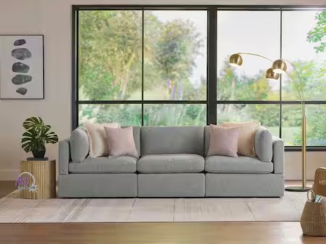 Lot 56-662240 - New - Thorton 105 in. Modular Track Arm Performance Fabric 3-Piece Sofa in Grey Comes with three box...