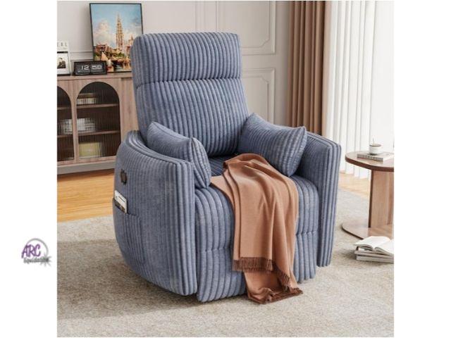 Lot 56-789365 - New in box. Gray Corduroy massage Rocking Swivel Recliner Chair with Side Pockets and 2 Pillows, 360...
