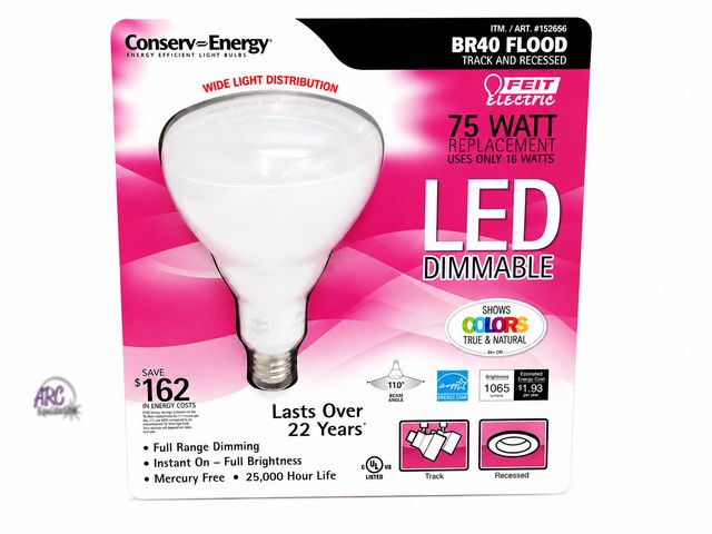 Lot 56-403765 - New Open Package - Tested &amp; Lights Up - FEIT BR40 75 Watt LED Dimmable Bulb - 1065 lumens