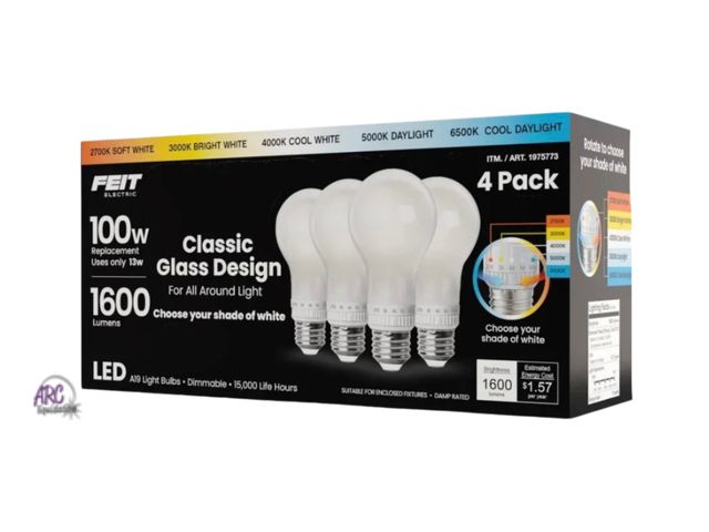 Lot 56-125860 - New Tested &amp; Works Feit Electric (3 Pack) 100W Replacement 5-CCT LED Classic Glass A19 Bulbs