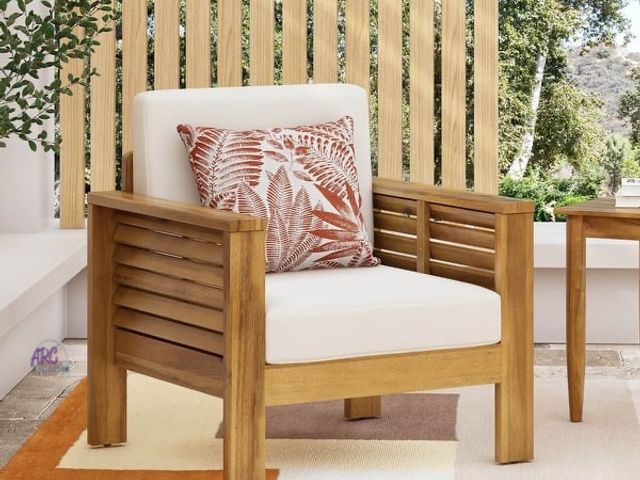 Lot 56-754798 - New in box. Louver Acacia Wood Outdoor Club Chair with Cushion by Christopher Knight Home - Teak + C...
