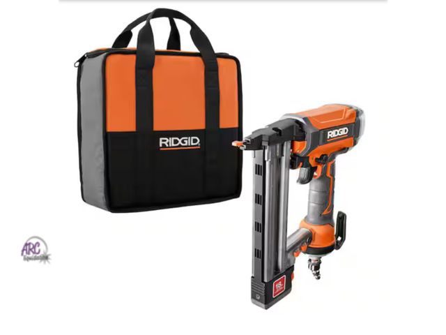 Lot 56-604923 - New, open box. RIDGID
Pneumatic 18-Gauge 1-1/2 in. Finish Stapler with Contractor's Bag