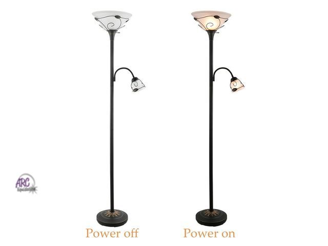 Lot 56-756598 - New in box. Bestco Torchiere Floor Lamp with Side Reading Lamp Glass Shade Dark-Bronze Painted Finis...