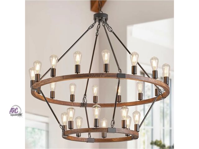 Lot 56-758551 - New in box. 2-Tiers Natural Wagon Wheel Wood Chandelier Farmhouse 24-Light(16+8) 43.34’’, Black Meta...