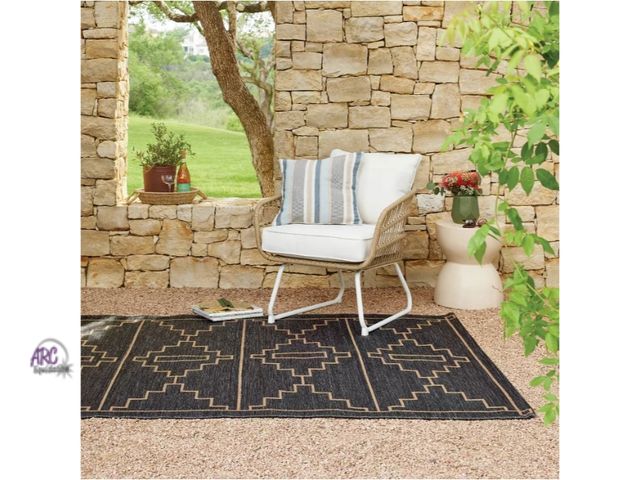 Lot 56-726016 - New Threshold 5' x 7'Linear Stepped Diamonds Print Outdoor Area Rug Black Retail $70