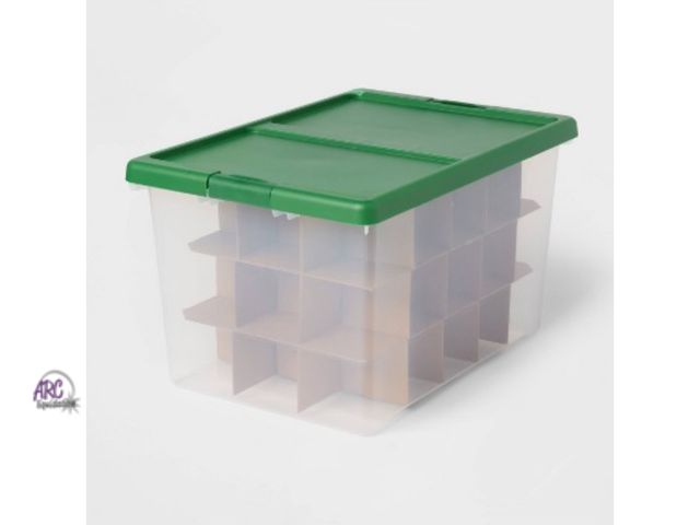 Lot 56-154430 - New Brightroom Large Latching Clear Ornament Storage Box with Green Lid
