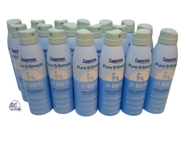 Lot 56-701114 - RESELLER LOTS OF 18 BOTTLES. Coppertone pure &amp; simple 50. 100% mineral Sun protection. EXP 01/20...