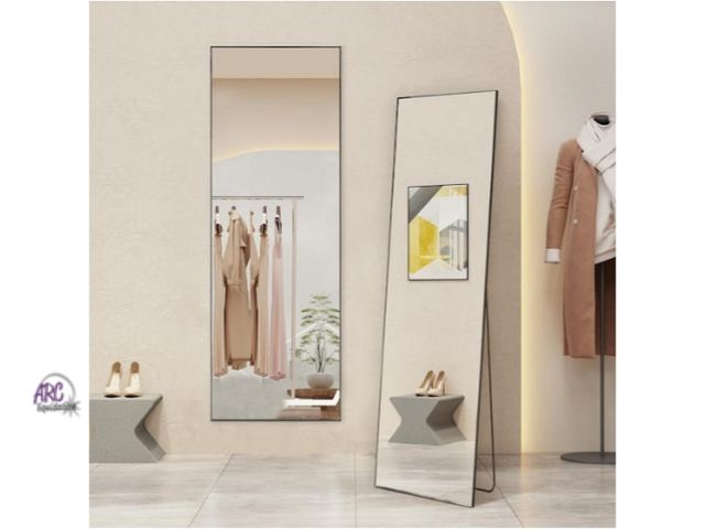 Lot 56-740118 - New 16 in. W x 59 in. H Aluminum Alloy Frame Black Full Body Floor Mirror with Floor Stand and Wall ...