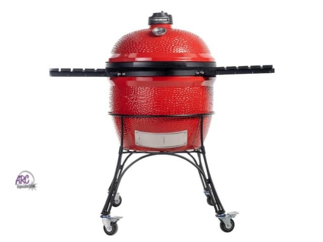 Lot 56-770851 - New in Crate. KOMANDO Big Joe I 24 in. Charcoal Grill in Red with Cart, Side Shelves, Grate Gripper,...