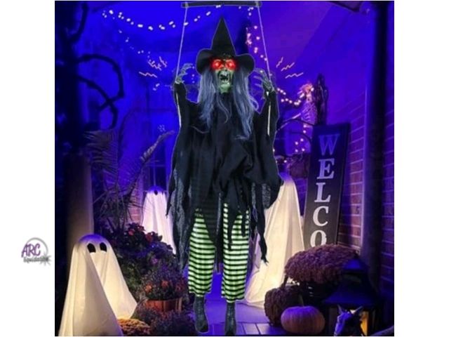 Lot 56-778321 - New 4.6FT Animated Hanging Witch Halloween Decoration with Glowing Eyes &amp; Spooky Sounds