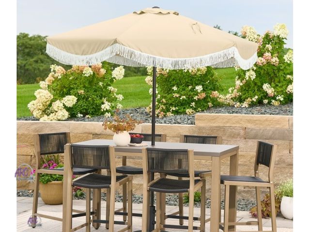 Lot 56-702714 - New Better Homes &amp; Gardens 7.5' Beige Scallop with Cream Fringe Patio Umbrella
