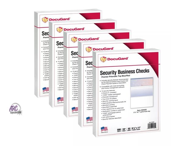 Lot 56-556118 - NEW-LOT OF 5-5pk 500 Sheets/Pack 24lb Prismatic Top Check 8.5"x11" Blue/Red - DocuGard: Business Che...
